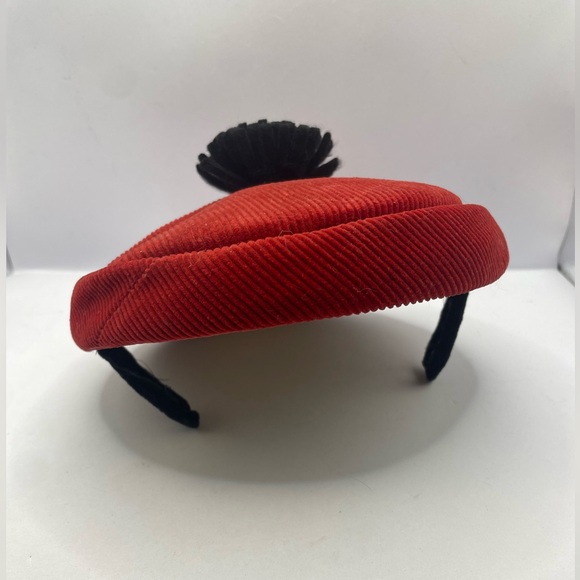 Vintage 60s MCM Red & Black Corduroy Calot Partial Hat / Fascinator W Puff - Picture 5 of 8